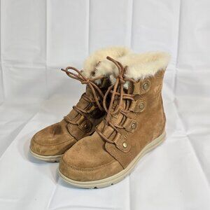 Sorel Explorer Joan Snow Boots Women Size 7.5 Tan Suede Faux Fur Waterproof